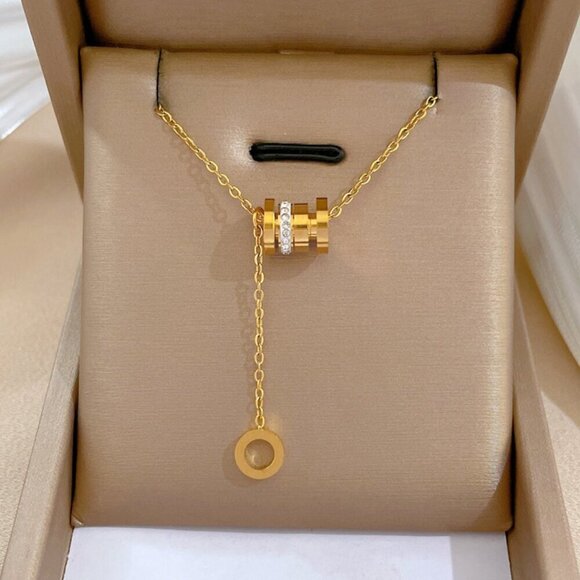 18K Gold Plated Stainless Steel Y Style Necklace With Spinning Barrel, Zircon - Picture 1 of 1